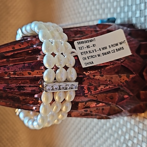 Honora Fresh Water Oval Cultered Pearl Bracelet 3 strand w 3 Swarovski CZ Bars - Picture 4 of 7